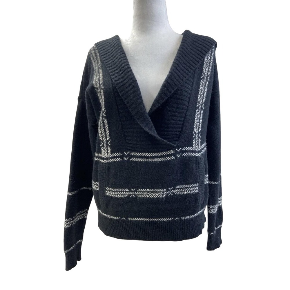 Paige Hooded Sweater Womens M Black Fair Isle V Neck Kangaroo Pocket Wool Blend